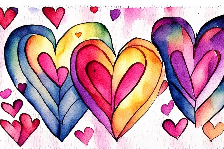 Hearts abstract wet watercolour in the style of Paul klee with thin sketchy pencil lines