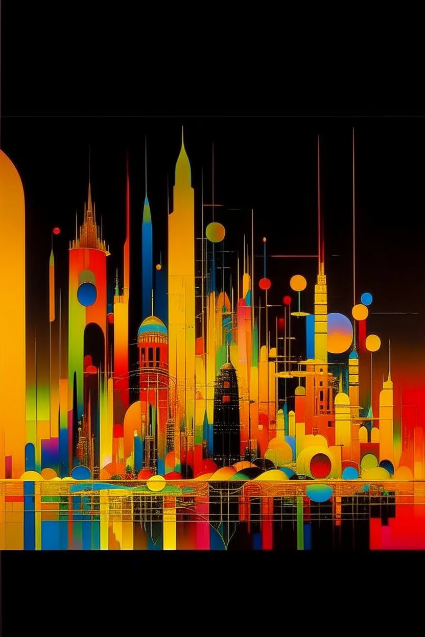 A gold futuristic city with multicolored neon lights painted by Wassily Kandinsky