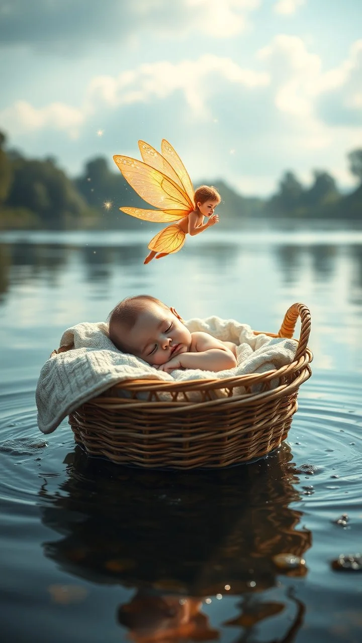 A baby sleeping in side a basket bed that is floating in the river and an beautiful fairy with sparkling wings flying over him