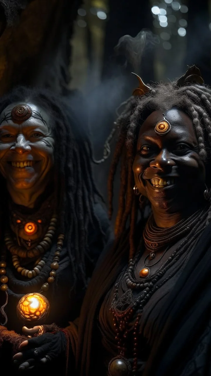 close up portrait of merciless smiling medieval high priestess countess gorilla and her creepy sister in big eyed trance, fire ball portal, full moon, swirly mist,autumn wind, arcane invocation ritual of smoke demon with immense power in luminous stone altar ruins in dark forest grove, shot on Hasselblad h6d-400c, zeiss prime lens, bokeh like f/0.8, tilt-shift lens 8k, high detail, smooth render, down-light, unreal engine, prize winning