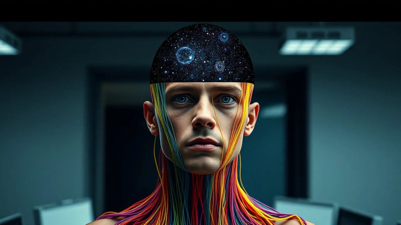 human figure visible only up to the shoulders of colorful threads , the threads forming the head, behind the threads in his head visible the dark universe with a few stars, he looking at the camera, in the background is gray and blurry office background, surreal image, detailed, sharp contrasts, realistic, cinematic, weird vibe
