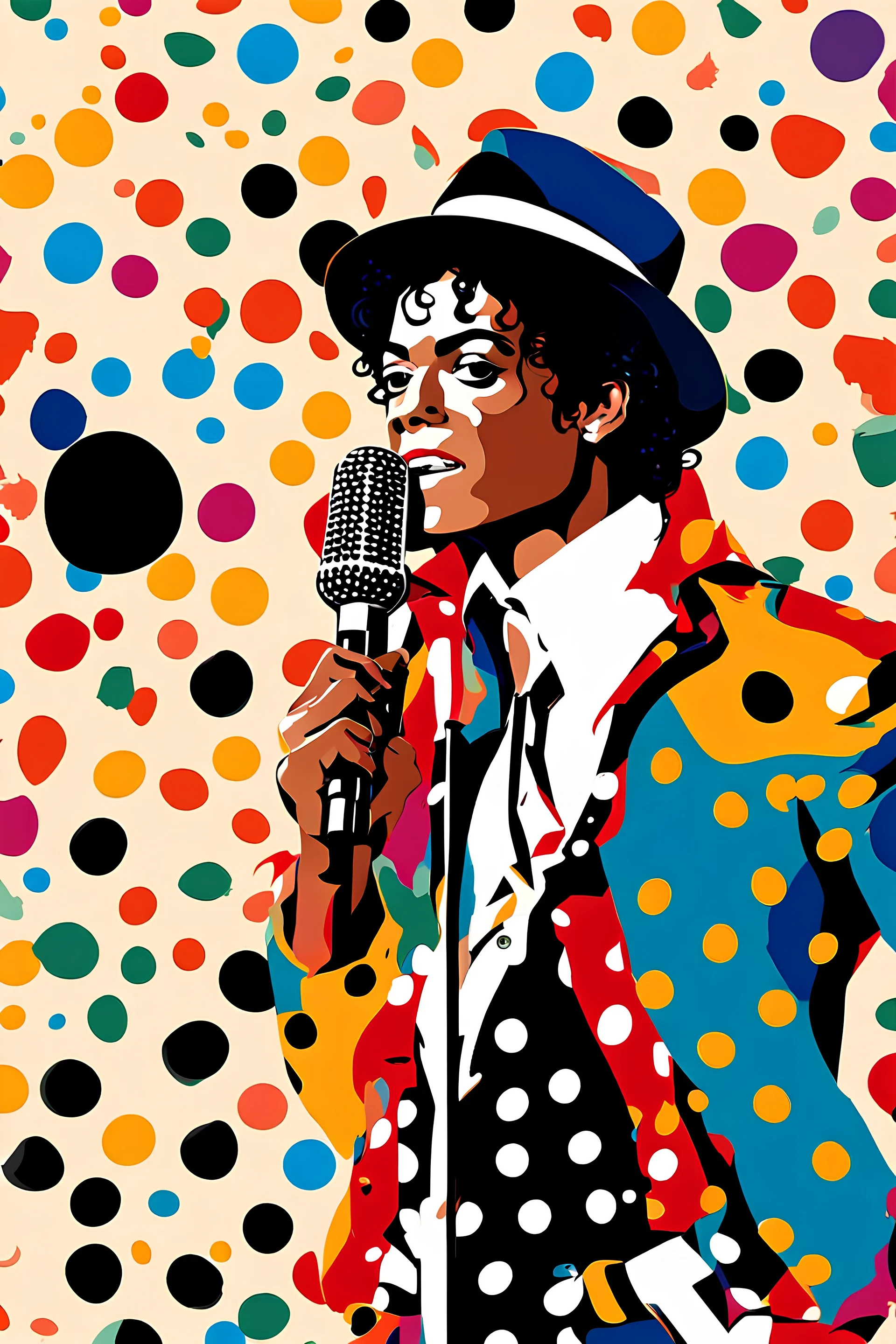 colorful Illustration of a michael jackson microphone in hand and looking at the camera. Polka dots in the background. by munch