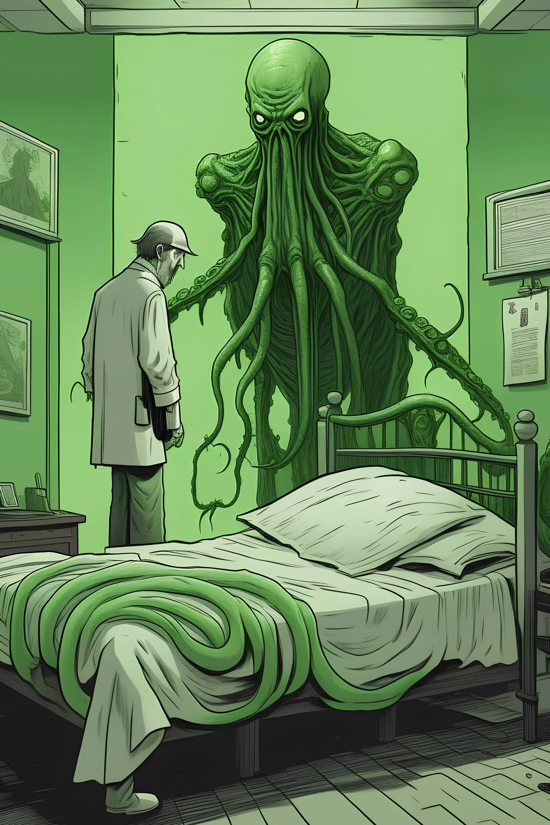 an hospital patient standing up from his hospital bed, helped by cthulhu