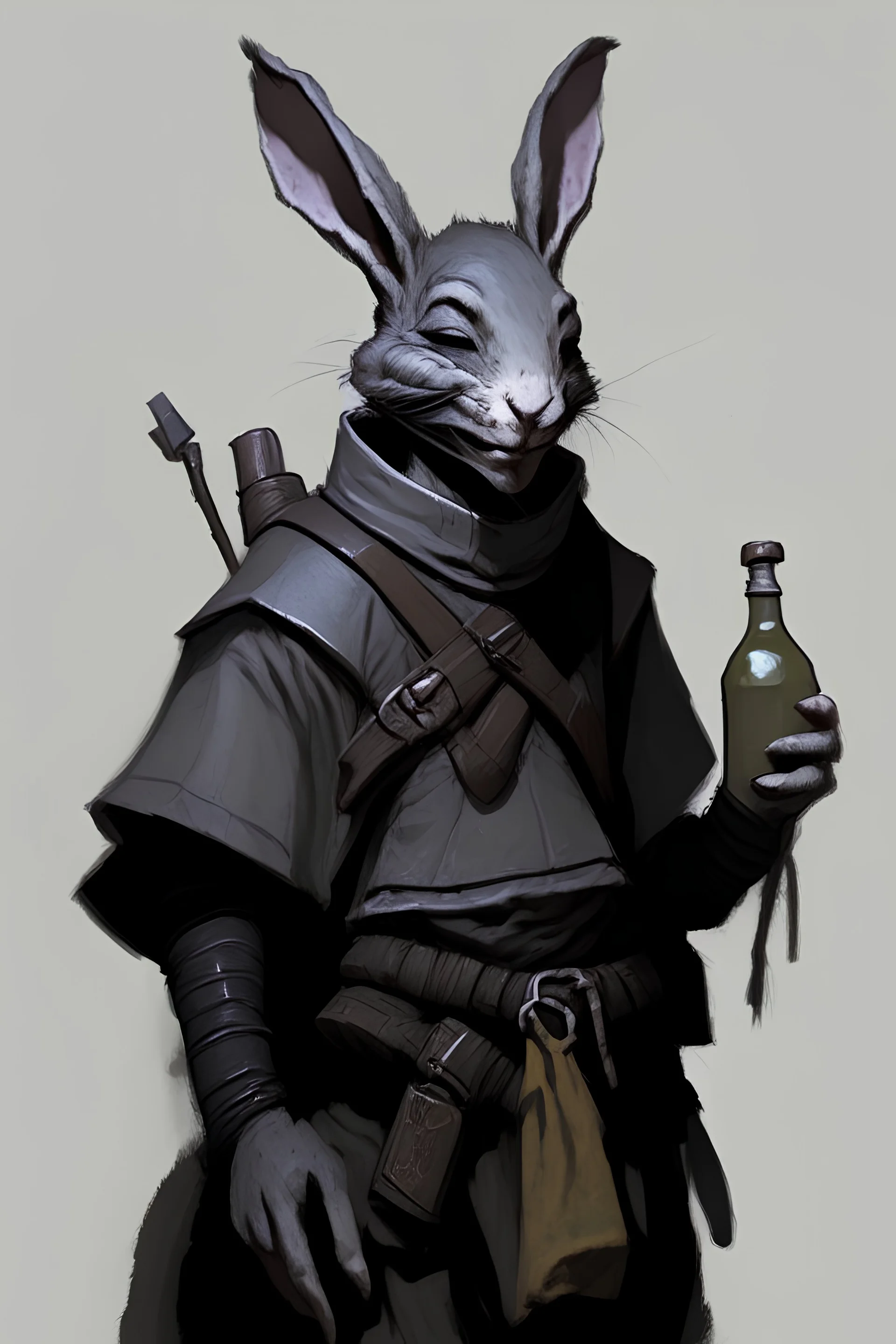 Portrait of a young thin dark grey humanoid field rabbit as large as a person, who is a drunken monk for dnd but has ranger's clothing with their ears in a ponytail behind his head, and he also has a staff on his back and a flask in his hand. He also has mild battle scars on his face, but is smiling blissfully