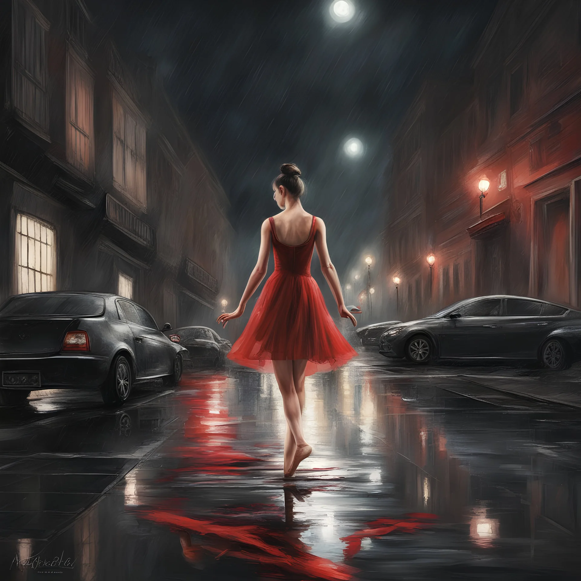 Ballet Slippers, red dress, black ambient, street, wet floor, night