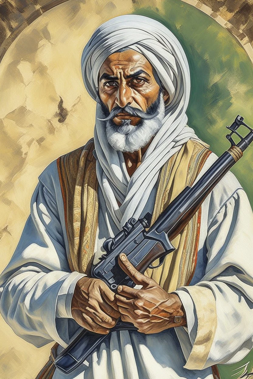 The description paints a vivid image of an Arabic man whose life's journey is etched into his very countenance. Each feature speaks to a story of wisdom gained, challenges overcome, and a quiet confidence earned through years of experience. Arabic clothes with old gun