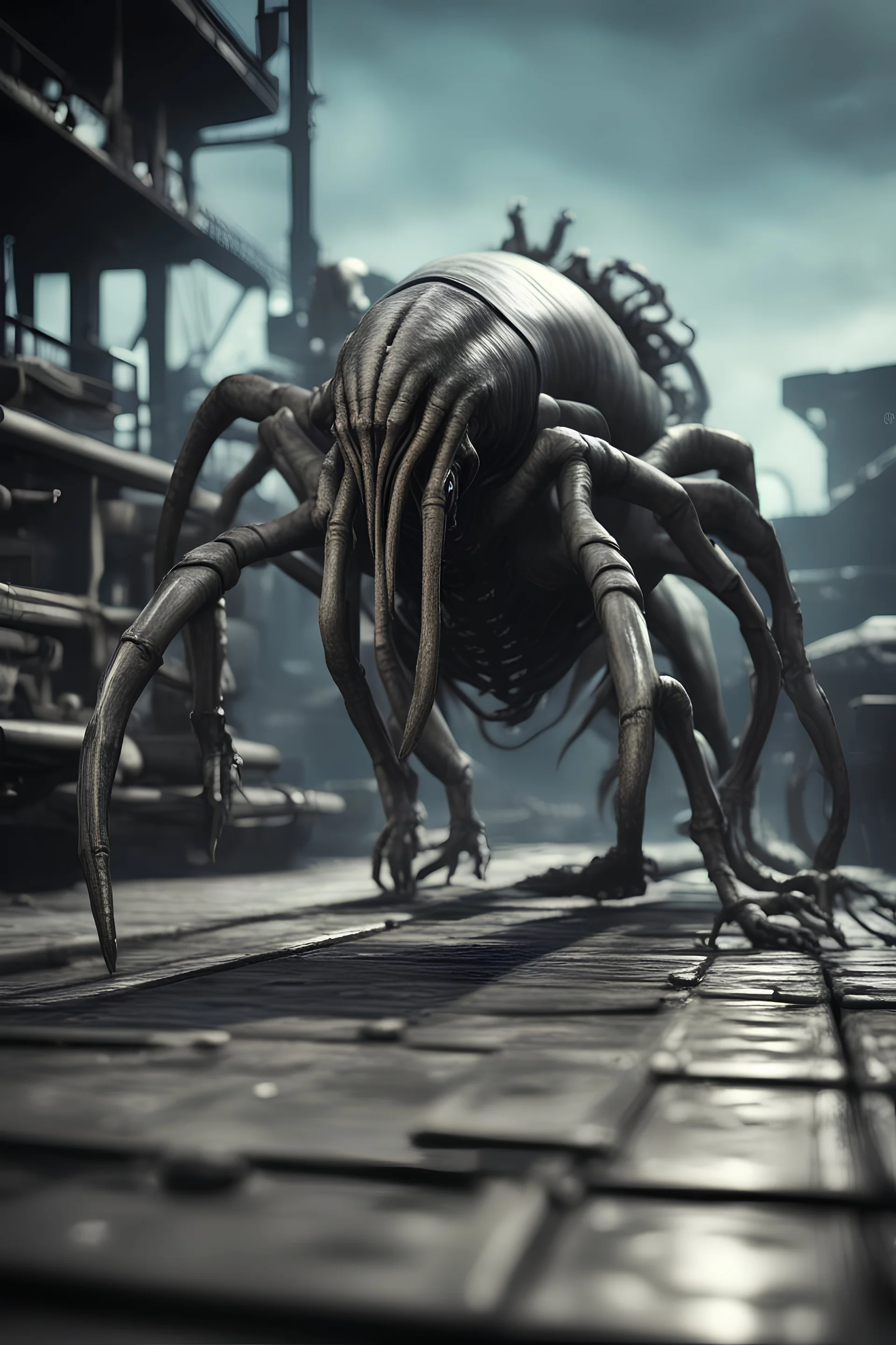 xcom's terror from the deep giger style alien crawling onto the docks in fallout 4 setting, bokeh, downlight, prize winning, depth of field, in the style of ivo caprino