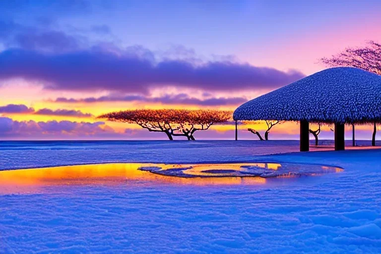 Honolulu Hawaii hotels covered in winter snow and ice at sunrise, winter wonderland