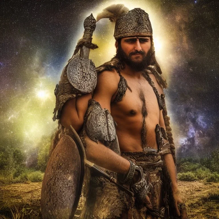 Anatolian bronze age warrior portrait, village, meditation, woods, galaxy sky, 8k quality