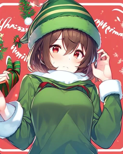 Girl with short brown hair, red eyes, green sweatshirt with a horizontal yellow stripe, he is wearing a Christmas hat, and in the background there are trees in the cold winter with lots of snow,