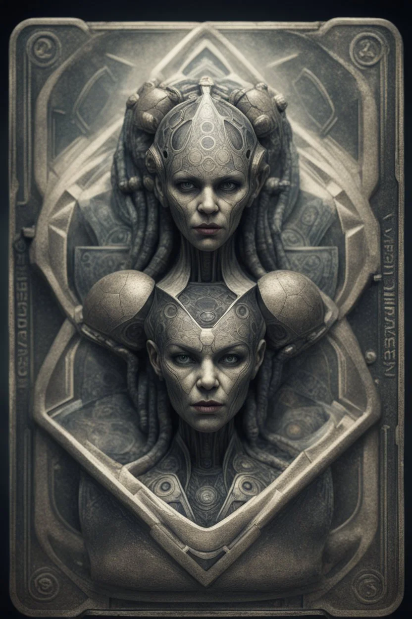 sacred geometry playing card, hyper violent ogre women soccer team in the Olympics in the style of Giger and fallout 4 ,,bokeh like f/0.8, tilt-shift lens 8k, high detail, smooth render, down-light, unreal engine