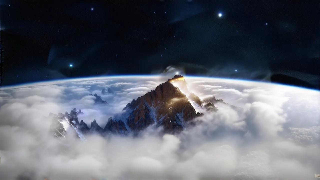 breathtaking, surreal landscape featuring a colossal, jagged mountain peak with patches of snow and ice, dramatically rising above a swirling sea of fluffy white clouds. The mountain should be the focal point, its rocky surface illuminated by a soft, golden light as if kissed by the first rays of dawn or the last glow of twilight. Surrounding the peak, the clouds should appear dense yet ethereal, with wisps of mist curling around the mountain's base, creating a sense of elevation