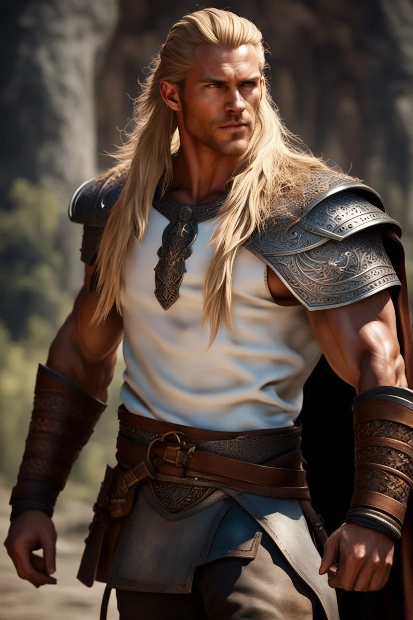 handsome viking warrior king, muscular, long blonde hair, male age 30, wearing jeans and a white shirt, tan skin, tattoos,photorealistic 4k modern fantasy