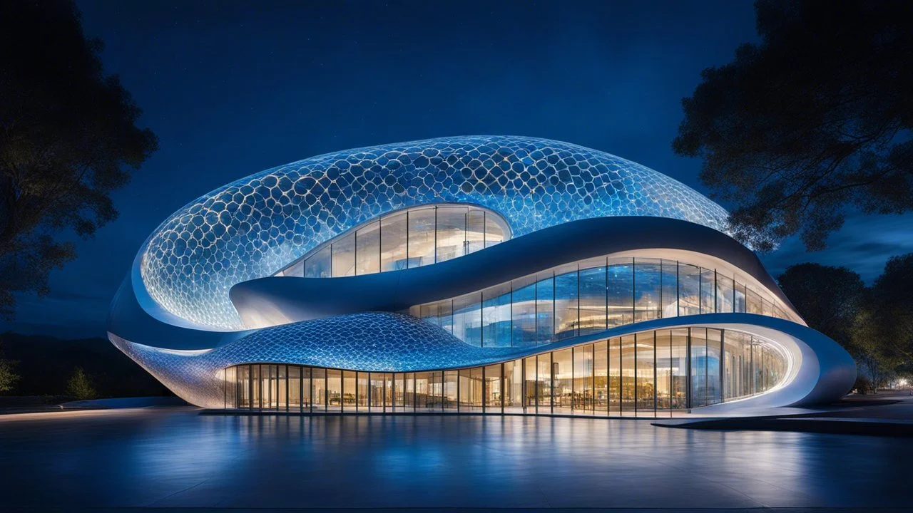 A futuristic building at night inspired by the fluidity of ocean waves, with undulating, curved walls made of shimmering, iridescent, semi-transparent materials. The structure has many varied oval windows that reflect the moonlight and the night sky. Lights inside the building make it come alive. Fireflies in the surrounding space add excitement. Award-winning photograph, beautiful composition, joyful appearance, sensational design