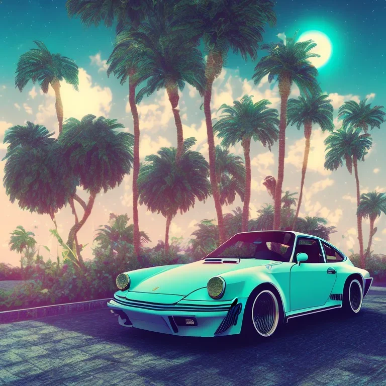 1980's aesthetic vaporwave palm trees and spheres and glowing Porsche