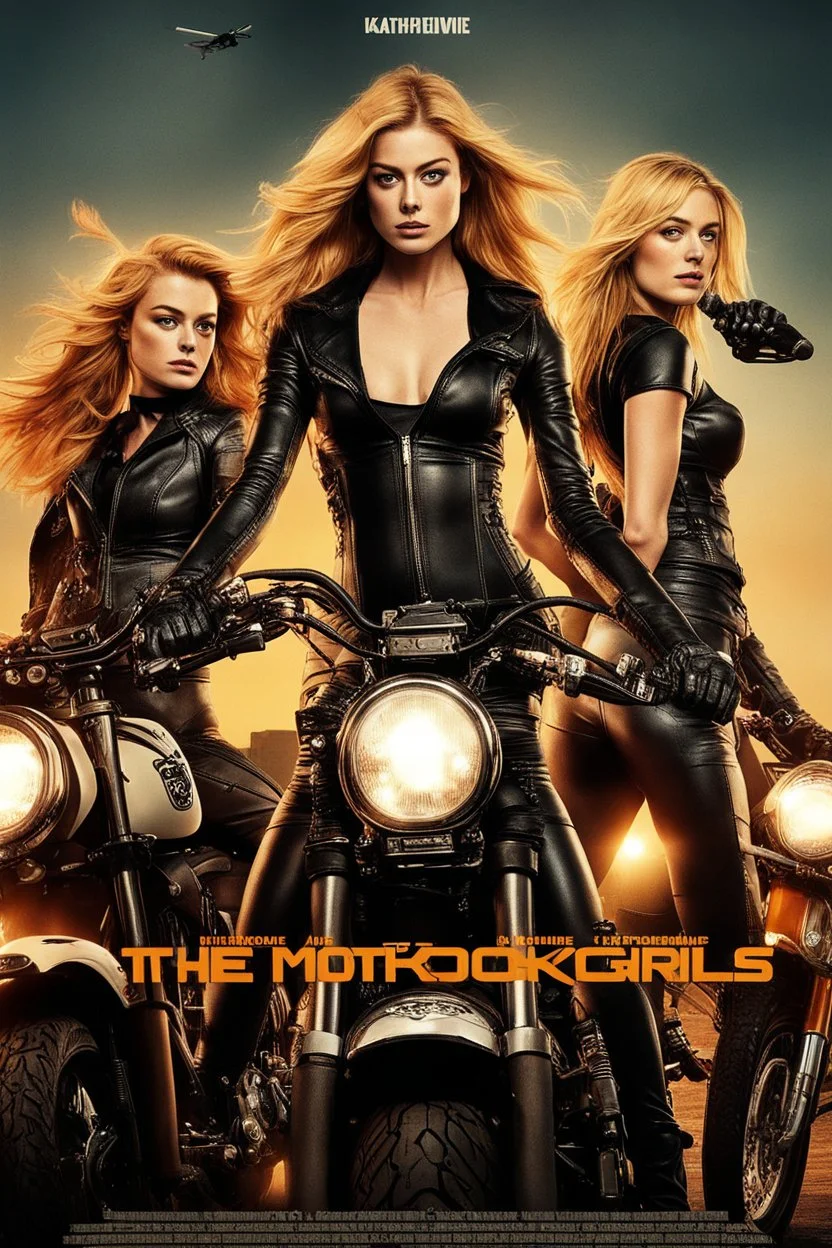 Poster for an action film called "The Motorbike Girls" starring Katherine McNamara, Margot Robbie and Georgia Henshaw wearing tight leather catsuits.