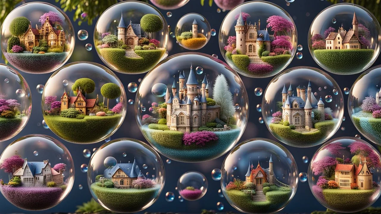 A stunning 3D render of miniature worlds, captured in floating transparent bubbles. Each bubble showcases a unique scene, such as quaint villages, mystic, gardens, tropical island, enchanting castles, alien palnet, or whimsical fairy-tale landscapes. The miniature towns with featuring quaint houses, markets, and charming residents. In the gardens colorful delicate flowers and lush greenery. The castles are majestic and grand, with towers, big gates. Unusual and captivating plants coexist with ma