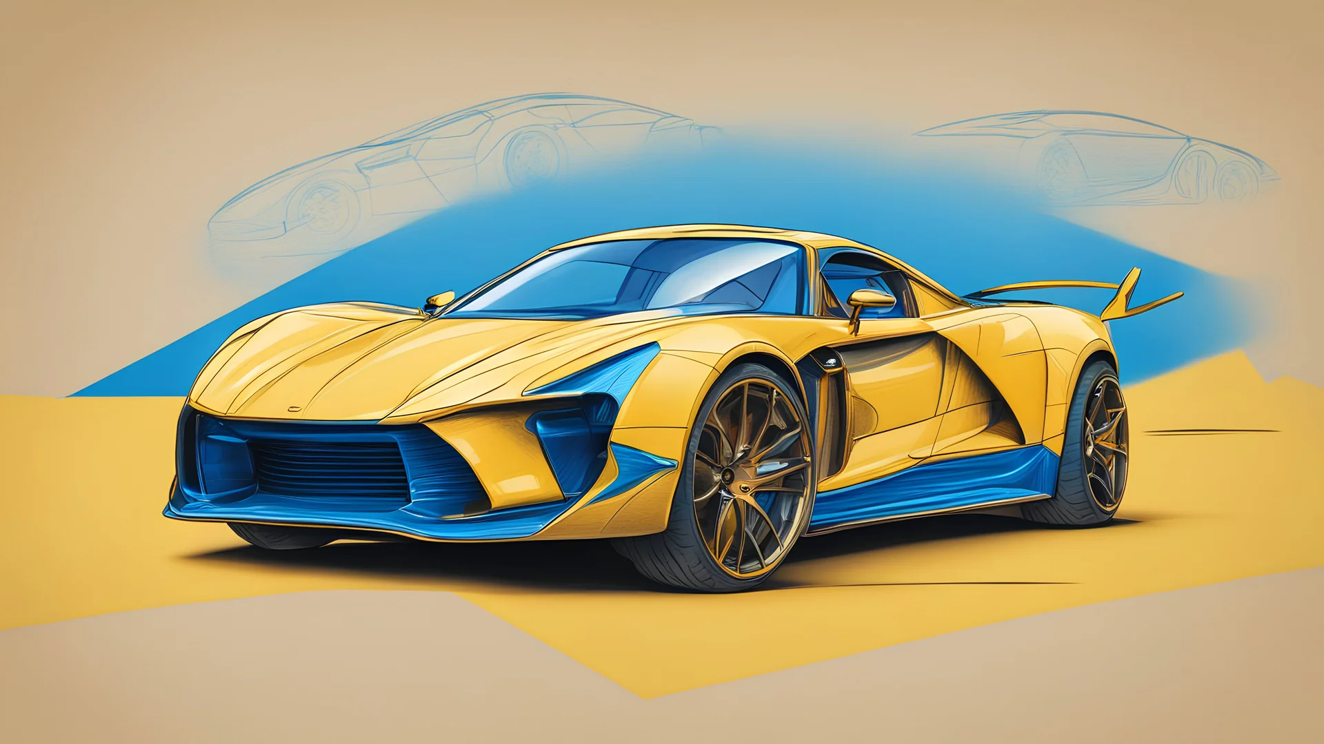 hand drawing supercar, golden ratio, in yellow and blue background