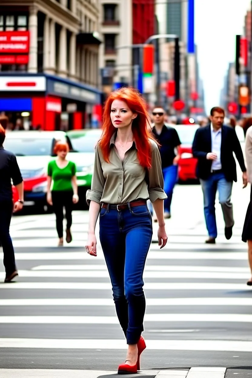 slim redhead woman walking across a busy street