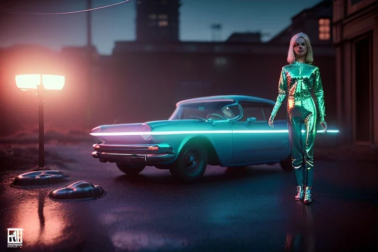 Ultra Realistic retro sci-fi, 1960 year, levitating all cars and a young blonde woman quiet, latex suit, soft color, highly detailed, unreal engine 5, ray tracing, RTX, lumen lighting, ultra detail, volumetric lighting, 3d, finely drawn, high definition, high resolution.