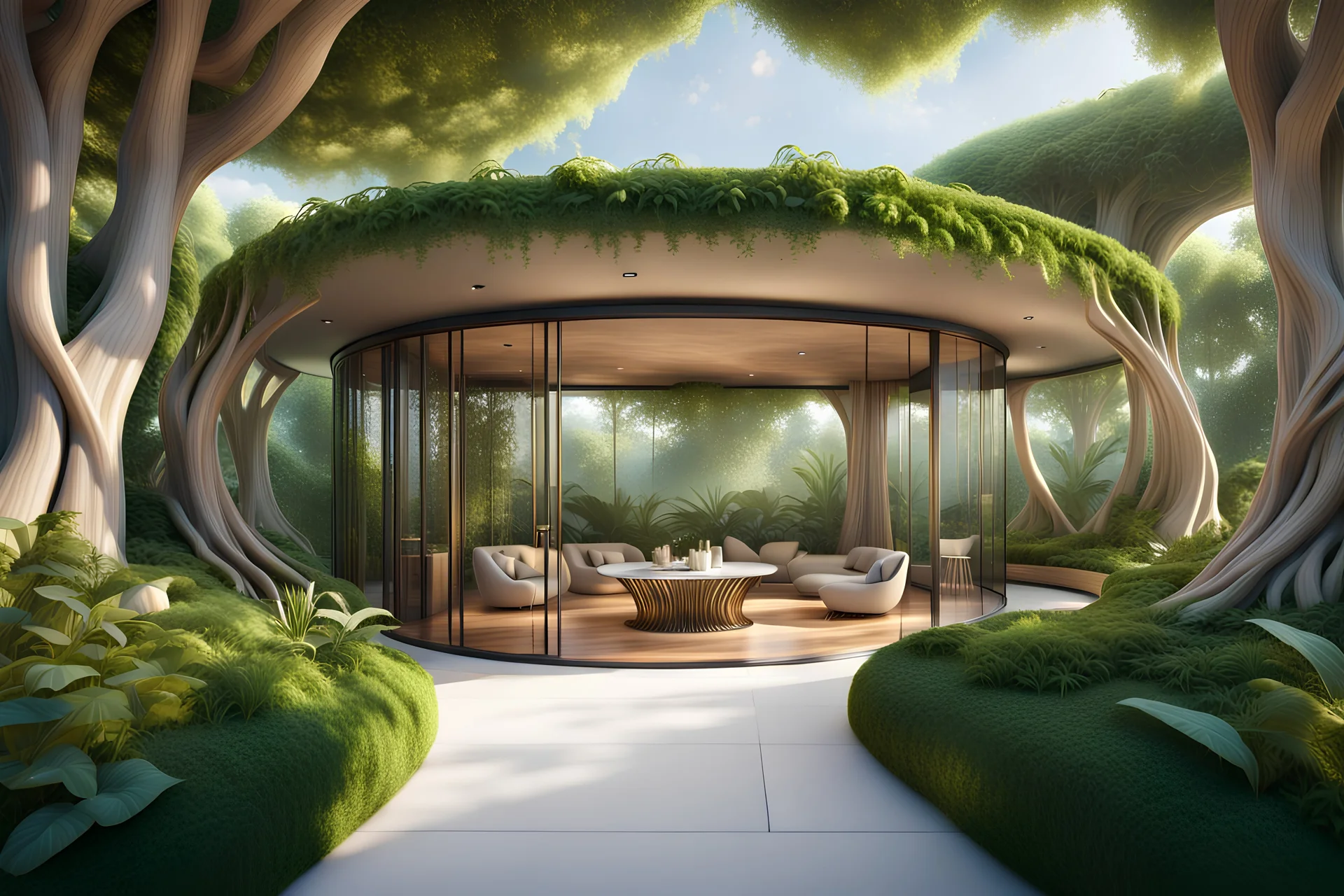 Far view, romantic,clean scenary,front view,Beautiful elegant entangled roots garden room inspired by entangled roots ,modern architecture,Vincent Callebaut, masterpiece design, beautiful forest view,Intricate details,maximum texture photo realistic, cinematic, octane render, hyper detailed,hyper realistic, 8k resolution, Ultra Engine 5, high-res, ray-traced reflections, marvelous designer, hyper-detailed, hyper-realistic, octane render, unreal engine, cinestill 800t, , highly detailed