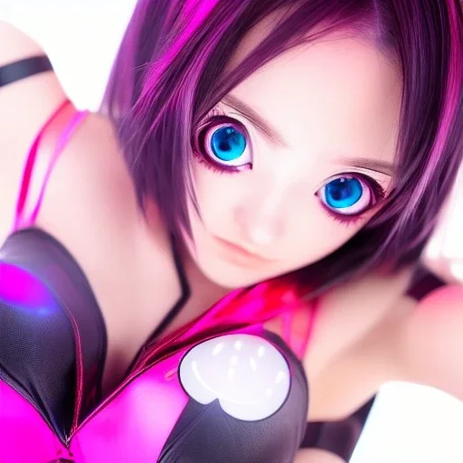 anime girl, cute, beautiful, neon eyes, metal skin, slim, studio photogtaphy, 8k