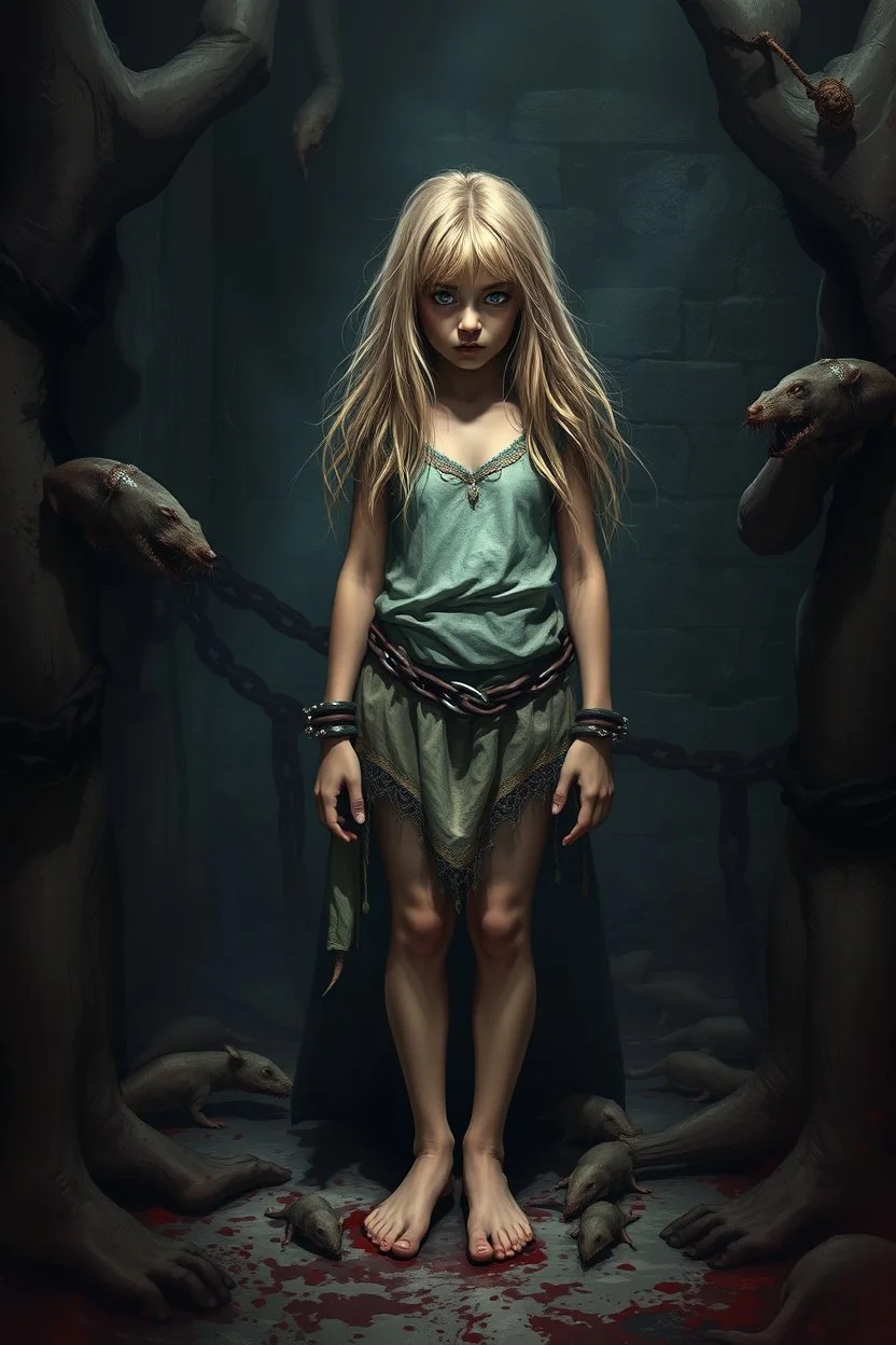 Pretty blonde girl, locked in a dark and dirty dungeon, with rats and malevolent entities, trapped with shackles and with her dirty clothes, barefoot, scared