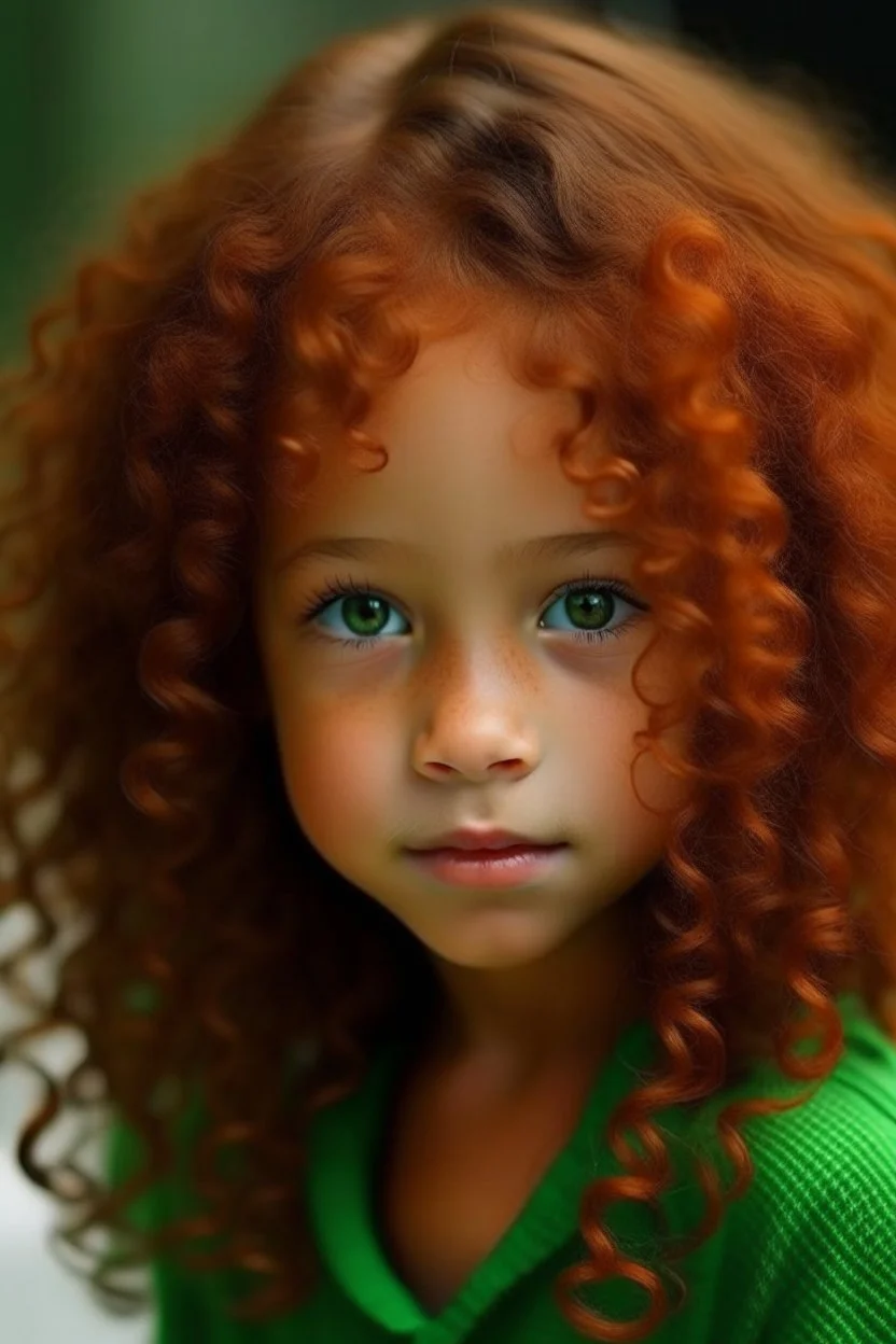 Mixed girl long curly reddish Orenge hair dark green eyes baby face