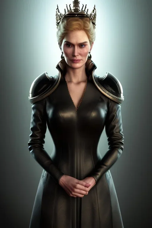 Cersei Lannister as evil queen in black leather coat, busty, cleavage, voluptuous, lena headay, angry, stern look. character design by cory loftis, fenghua zhong, ryohei hase, ismail inceoglu and ruan jia. unreal engine 5, artistic lighting, highly detailed, photorealistic, fantasy