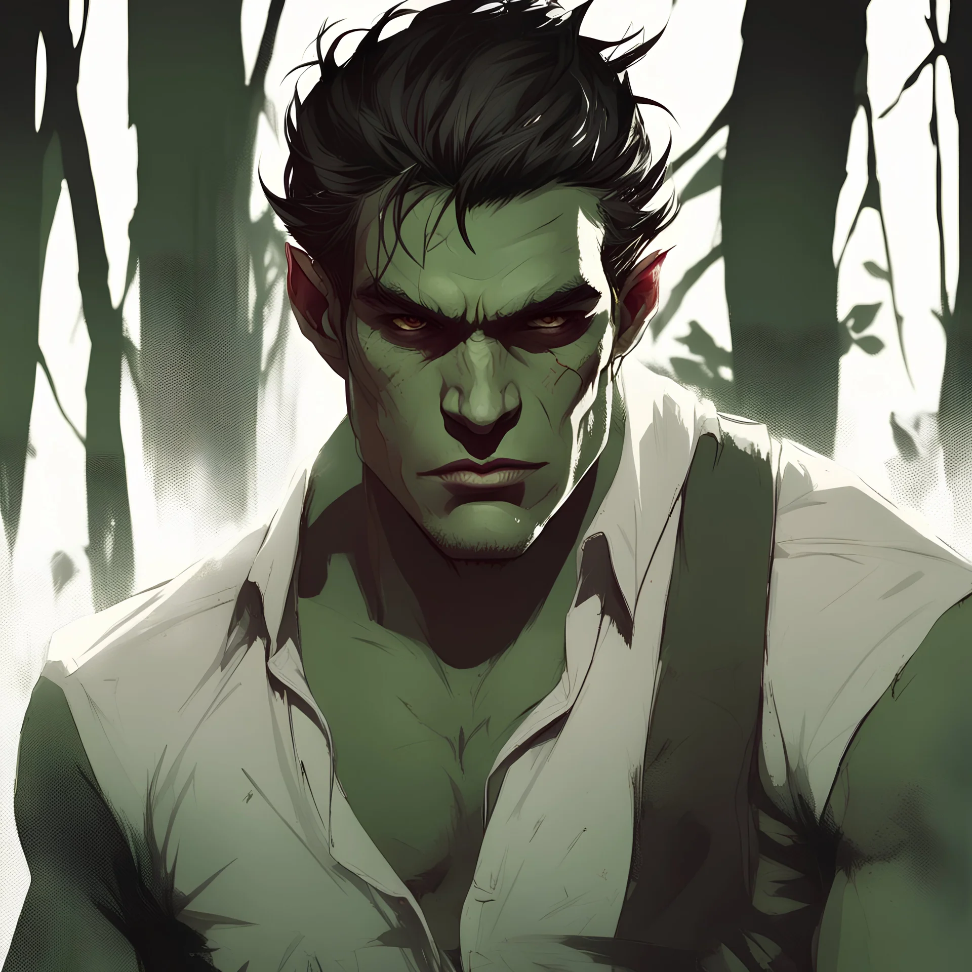 standing male, young orc, male, 2d, portrait, white ripped shirt, black ripped pants, dark jungle background, poster, blood, Charlie Bowater, smirk, cinematic illustration, light green skin, charismatic face,