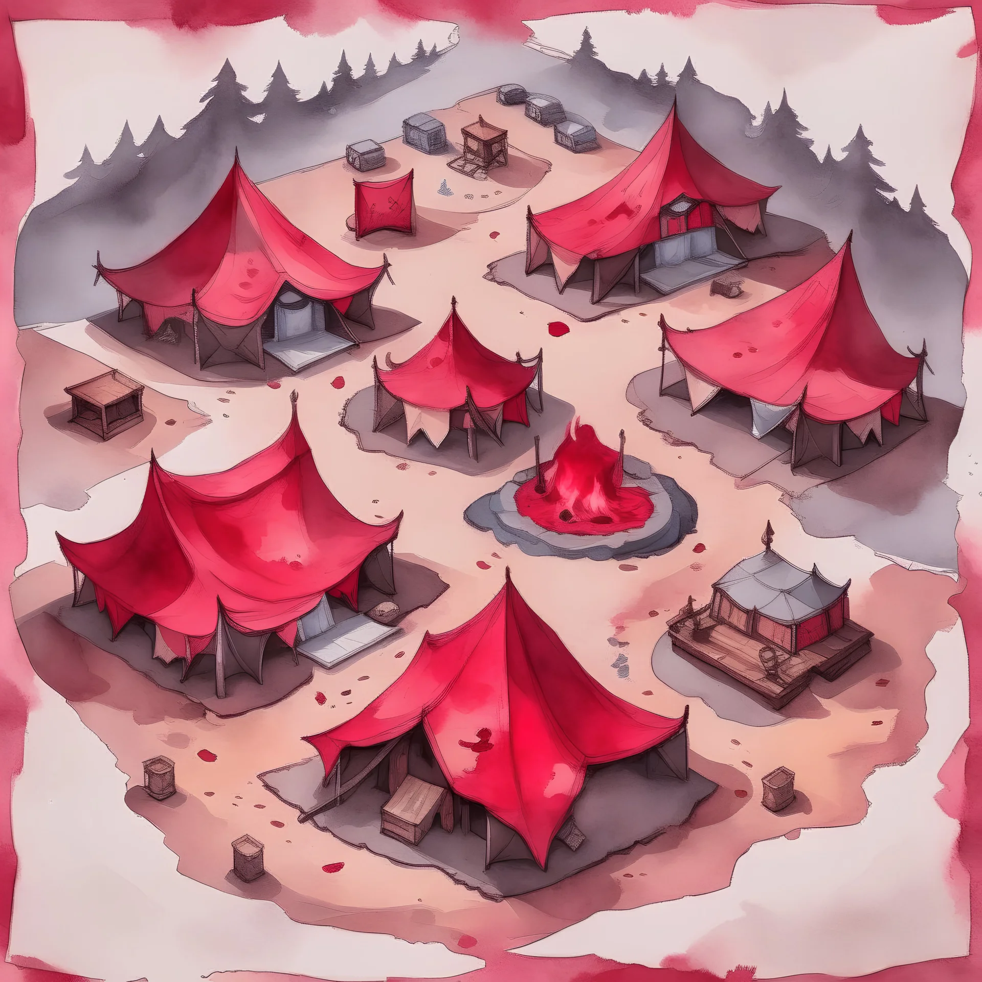 dnd, fantasy, top-down map, map of a large camp, demonic wastes, red, dark, black sand, tents, illustration, watercolour