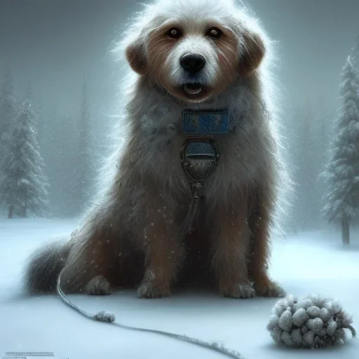 SAD,SCARED, LONELY DOG TIED UP OUTSIDE OF HOUSE, winter, 8k resolution, high-quality, fine-detail, intricate, digital art, detailed matte, volumetric lighting, illustration, 3D octane render, brian froud, howard lyon, selina french,