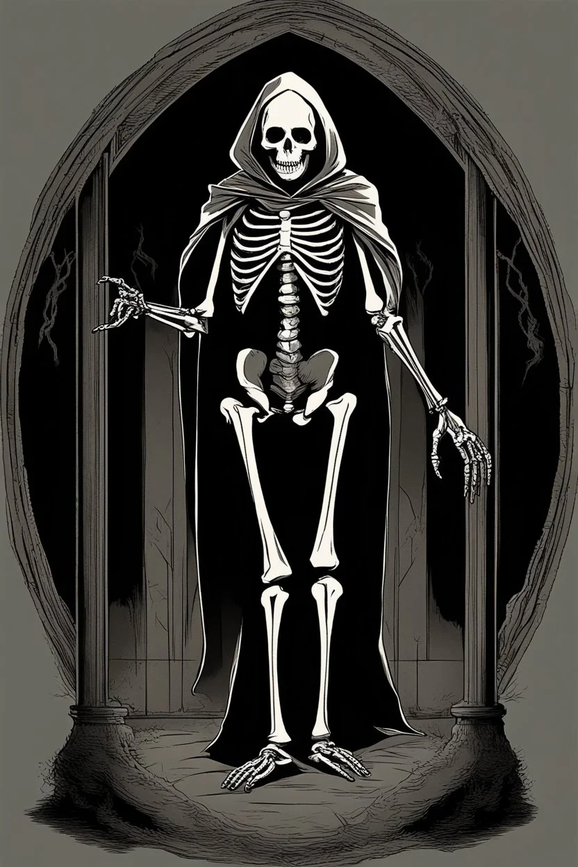 skeleton in a black hooded cloak drawn in a early animation ruberhose style, inside a light diamond shape on a black background, monochromatic