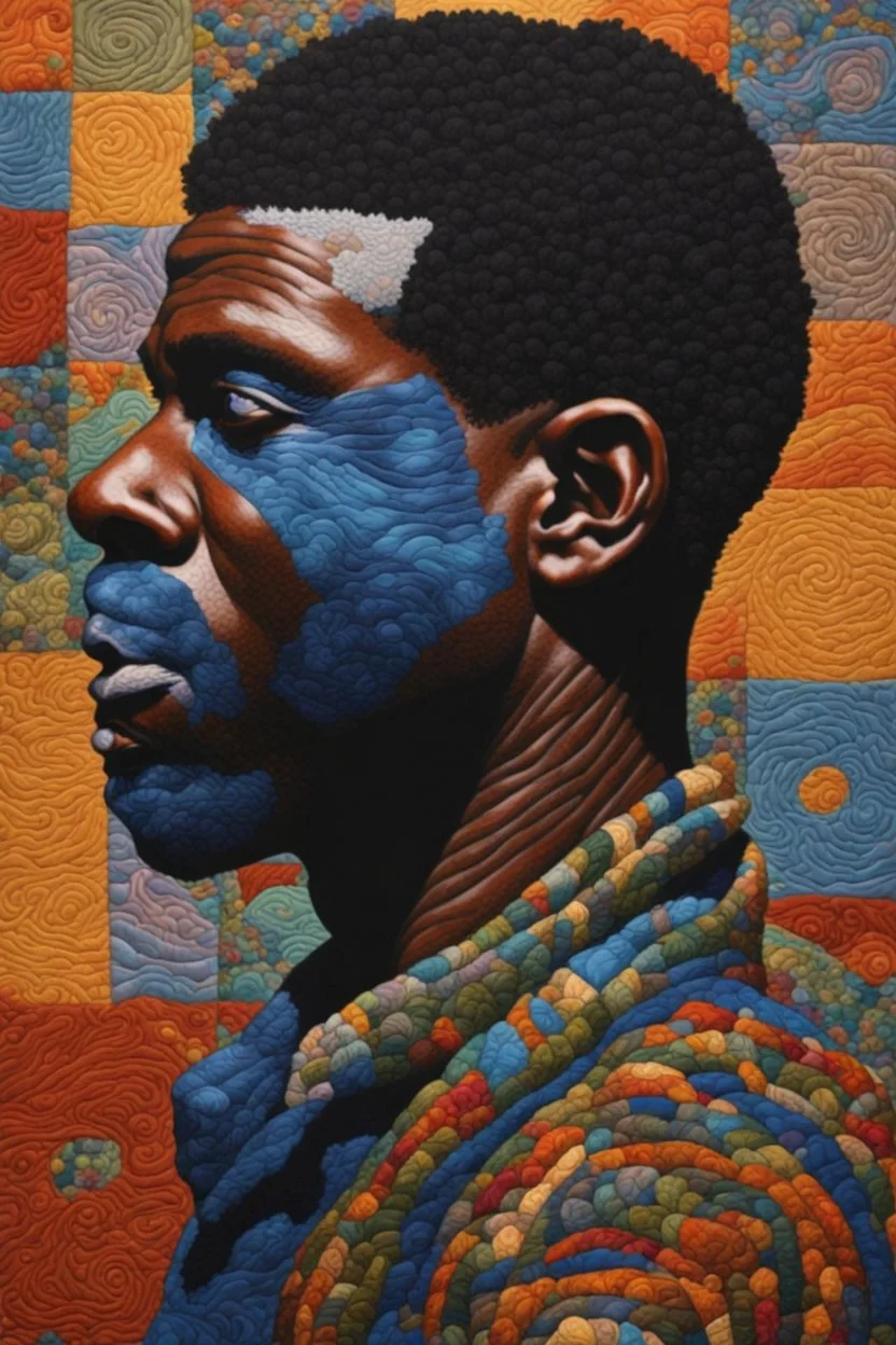 A polychromatic textile portrait, a man with a blue face, quilting, fabrics, by artist "Bisa Butler"