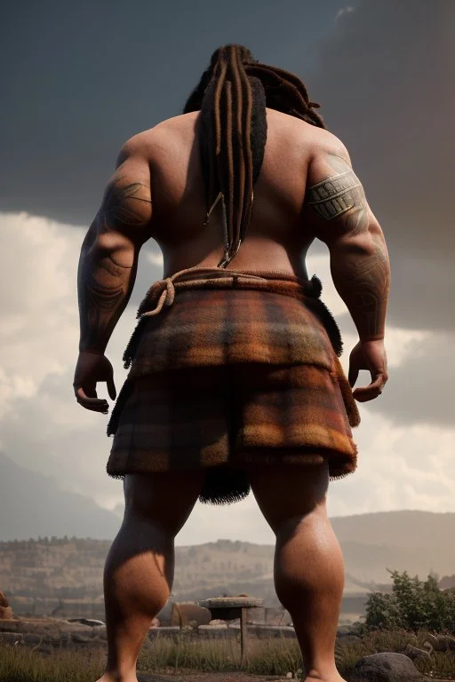 full body shot back view photography of a burly stocky giant gipsy lumberjack tattoed 55 years old , in italian restaurant, shirtless with swimwear, dreadlocks, long beard, emotive eyes, big shoulders, big fat ass, ambient occlusions, photorealistic