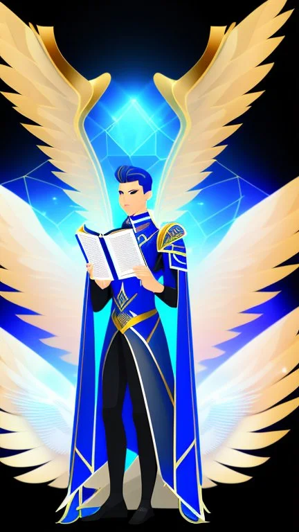 a human male with blue short hair and blue wings in assymetrical armor with geometric patterns and a book in hand, geometric wings