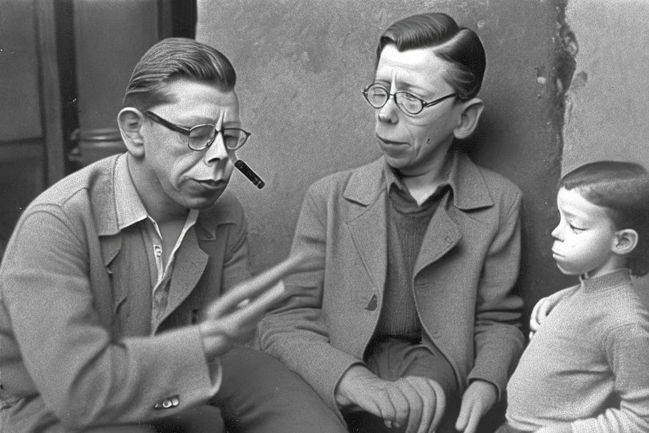 a photo of child-like Simone de Beauvoir and child-like Jean-Paul Sartre meeting child-like Che Guevara who is lighting a cigar for child-like Jean-Paul Sartre