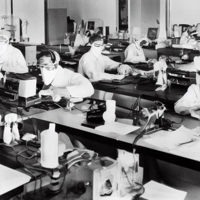 scientists at the computer in carnival masks. the masks are checkered.