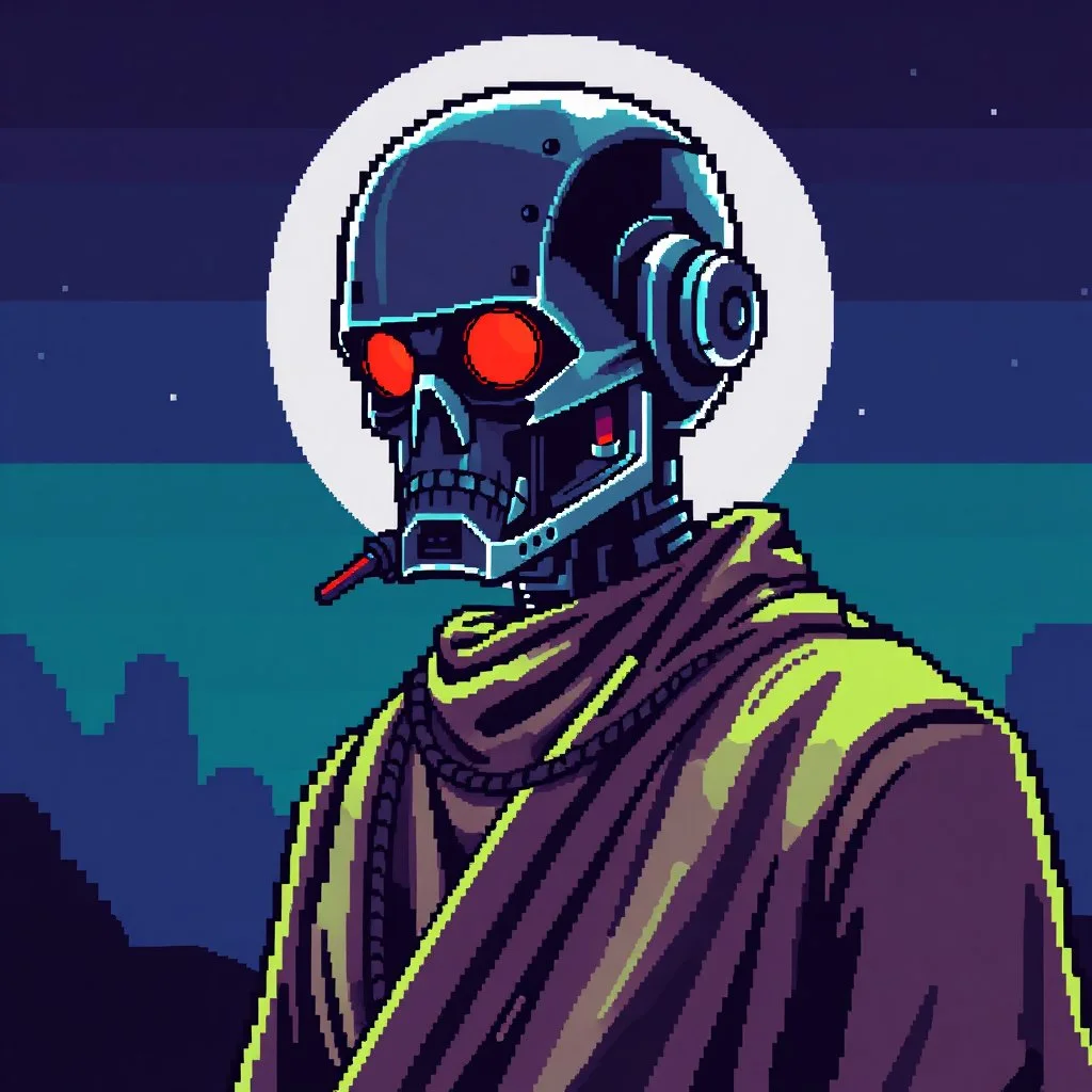 8 bit pixelart of a terminator like robot, synthwave colored, vaporware, budist monk robe