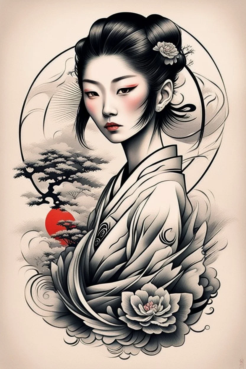 Create a captivating modern 2d Japanese tattoo design for print , using the elegant influences of japan art style, for print, dynamic elements from fashion and design, and bold Japanese art aesthetics, framing centered in the center, distanced from the edges of the paper perimeter, perfect anatomy, bauhaus, Divine Proportion,
