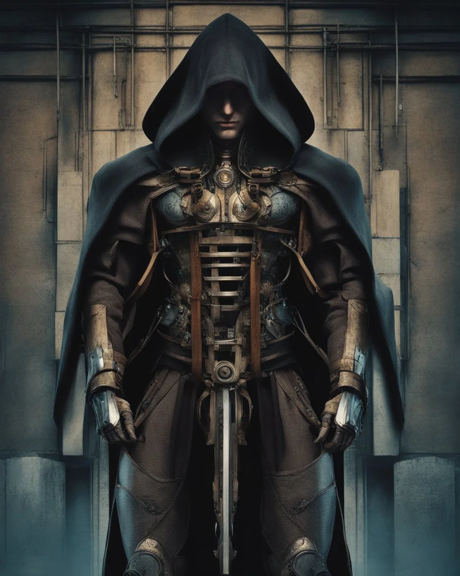 Leonardo Da Vinci style. Whole body. Masterpiece of a hooded killer Cyborg, his eyes are intense, (((full body))), contrasting colors. Fondo ciudad