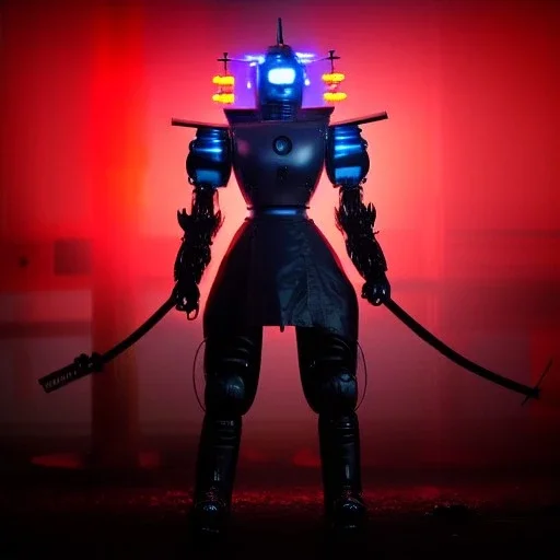 portrait of a Robot samurai, Japanese cyber style, art by Yoji Shinkawa, artist, cold ambient, rain, fog, latex, cables, purpurin, black, decorative color lights, neon style, led lights, fog, rain, vibrant color, highly detailed, art stations, concept art, smooth, unreal engine 5, god rays, ray tracing, RTX, lumen lighting, ultra detail, volumetric lighting, 3d, finely drawn, high definition, high resolution.