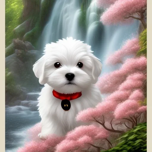 chiot bichon maltais blanc avec des cerisiers du japon et une cascade d'eau lumineuse