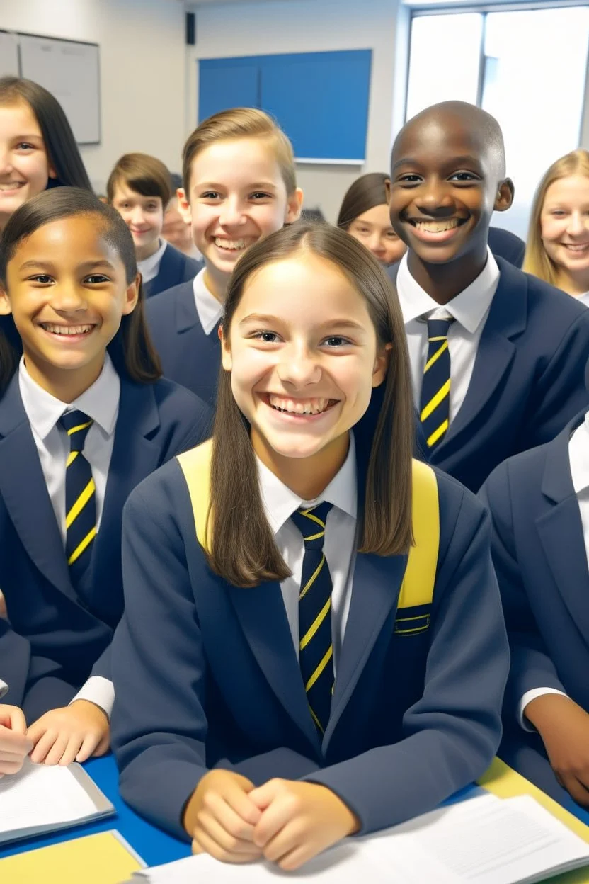 20 Smiling students wearing school uniforms sitting inside a classroom with clear details of diverse faces