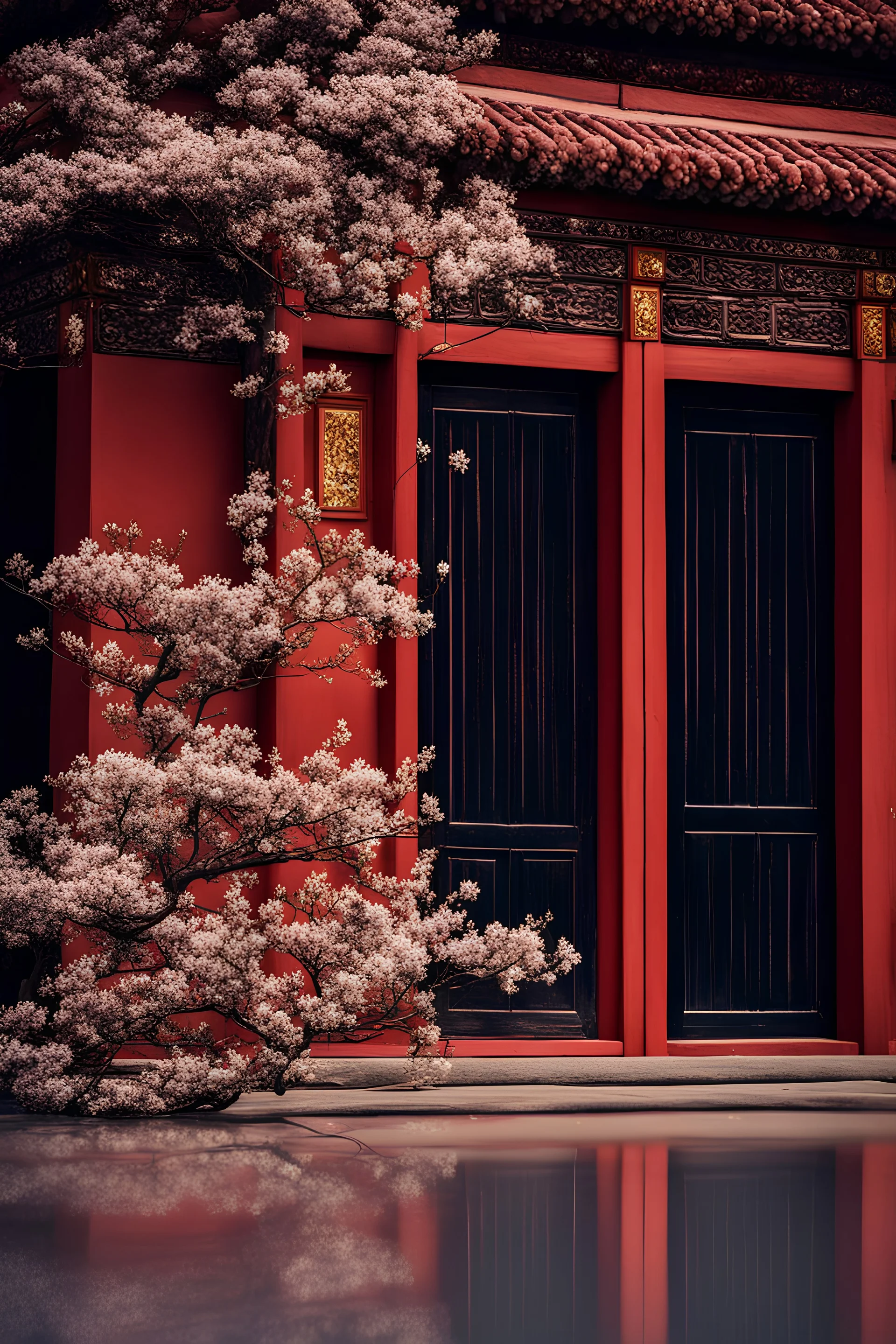 Starry sky photography image, beautiful magnolia flower foreground close-up, red wall of ancient building in Forbidden City style of China, starry sky background of ancient wooden doors and windows, beautiful phantom, highly delicate and clear foreground, 8K, Grand Prize photography.