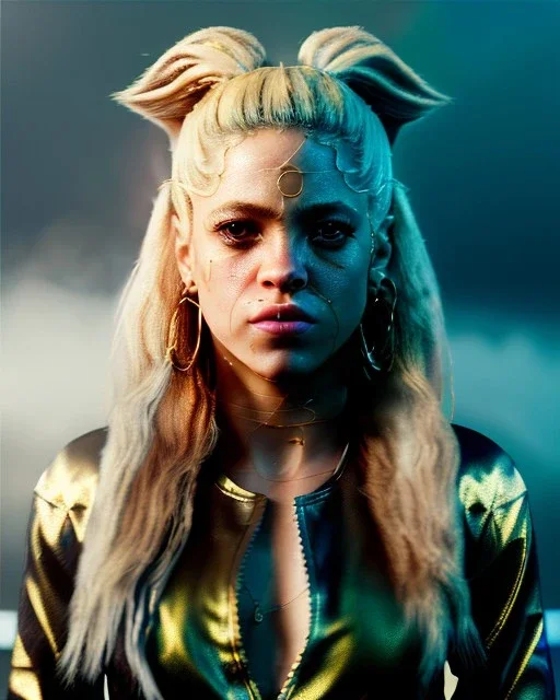 portrait, Shakira, blonde artist, angry, Realistic image, MMA robe, hoodie, mma gloves, loose long hair, eyes, make-up, gold line make-up, moisture, sweat, fog, goddess, Neon colors, leds. Black background, photo studio, concept art, smooth, unreal engine 5, god lights, ray tracing, RTX, lumen lighting, ultra detail, volumetric lighting, 3d, finely drawn, high definition, 4k.