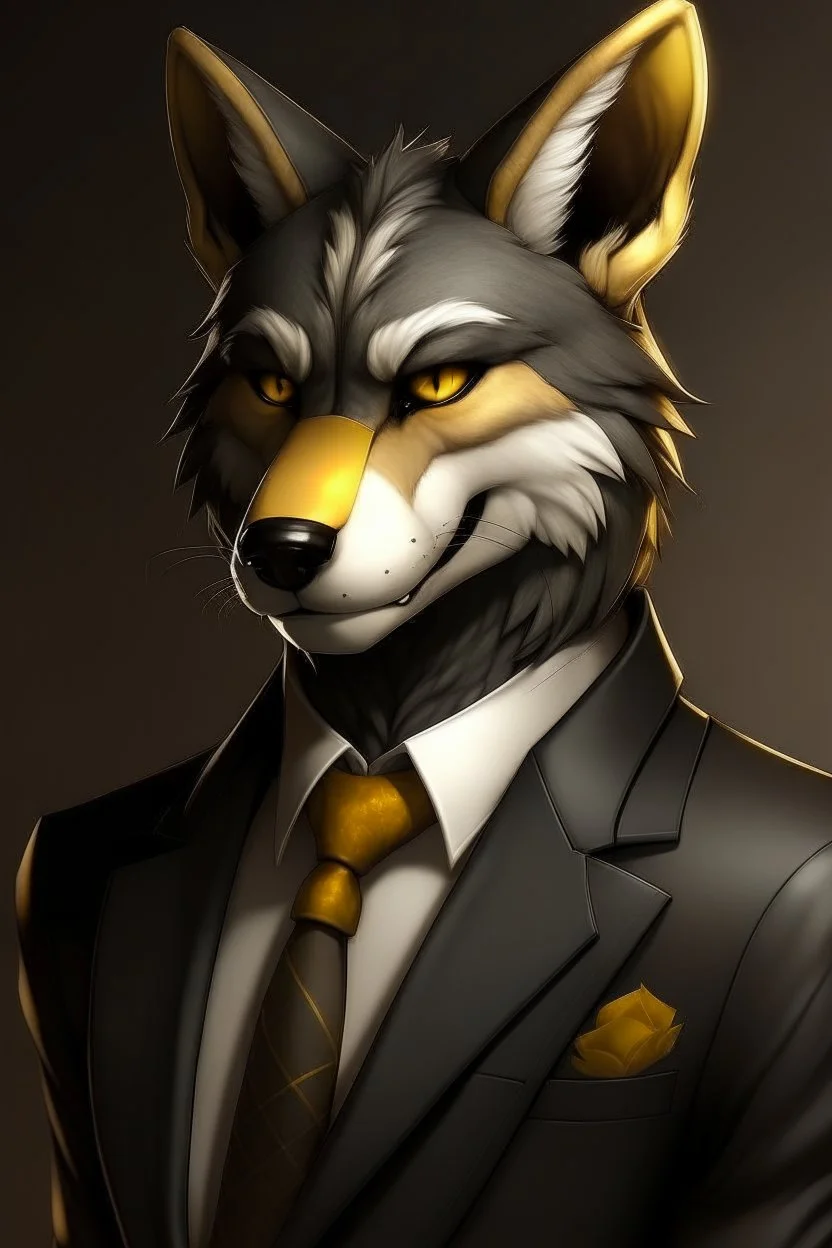 Anthro wolf with black fur and gold eyes wearing a suit