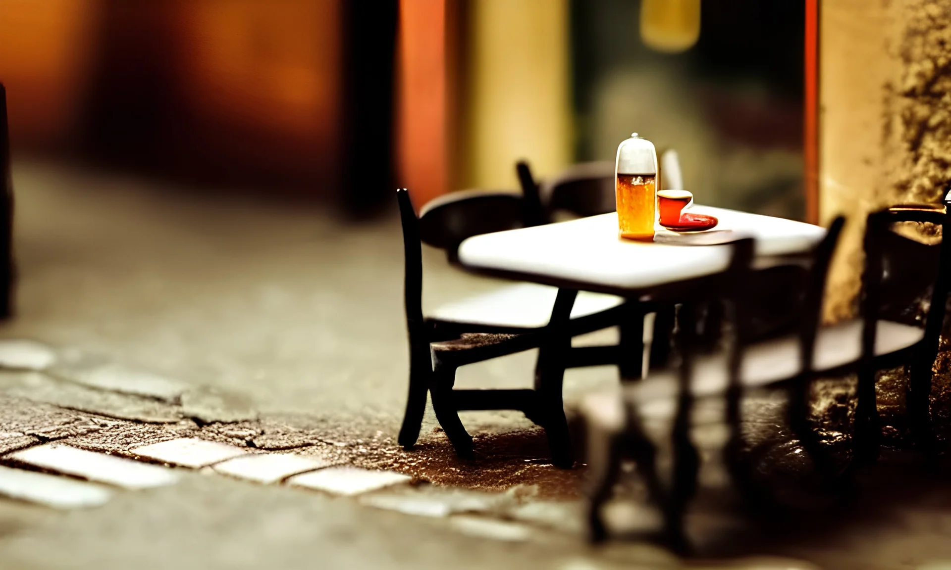 Miniature cafe diorama macro photography, cafe for mice, alleyway, ambient, atmospheric, british, bokeh, romantic