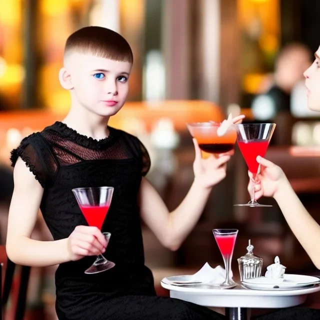 Russian guy young boy short man's haircut men's face boyish features female figure in black girlish lacy cocktail dress in restaurant