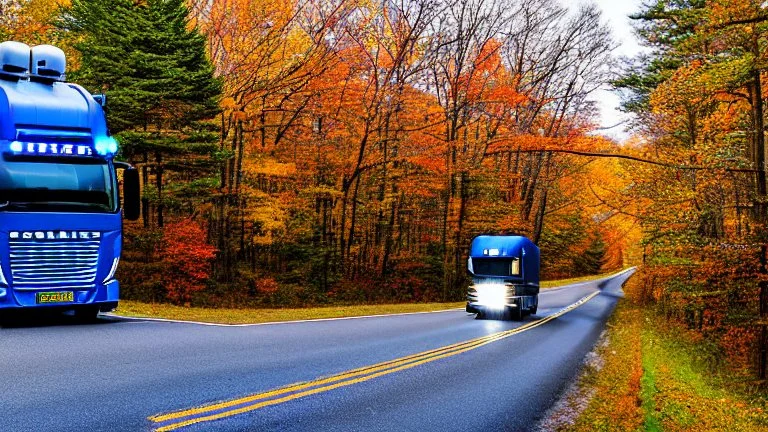 A police Tesla Cybertruck is chasing a Tesla 'Model S Plaid' at top speed, across the 'Great Smoky Mountains' National Park, in Tennessee. CINEMATIC. WIDE ANGLE LENS. PHOTO REAL.